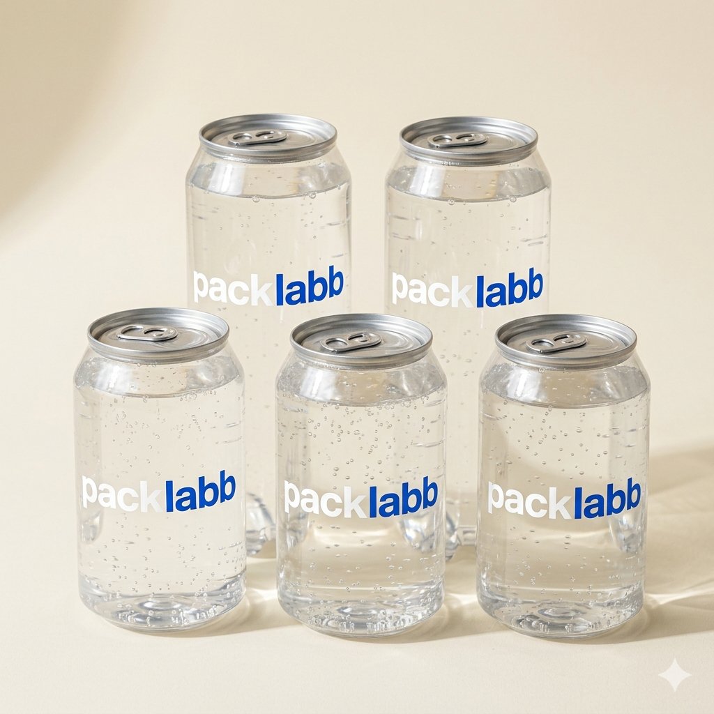 Custom printed Packlabb PET cans on a production surface