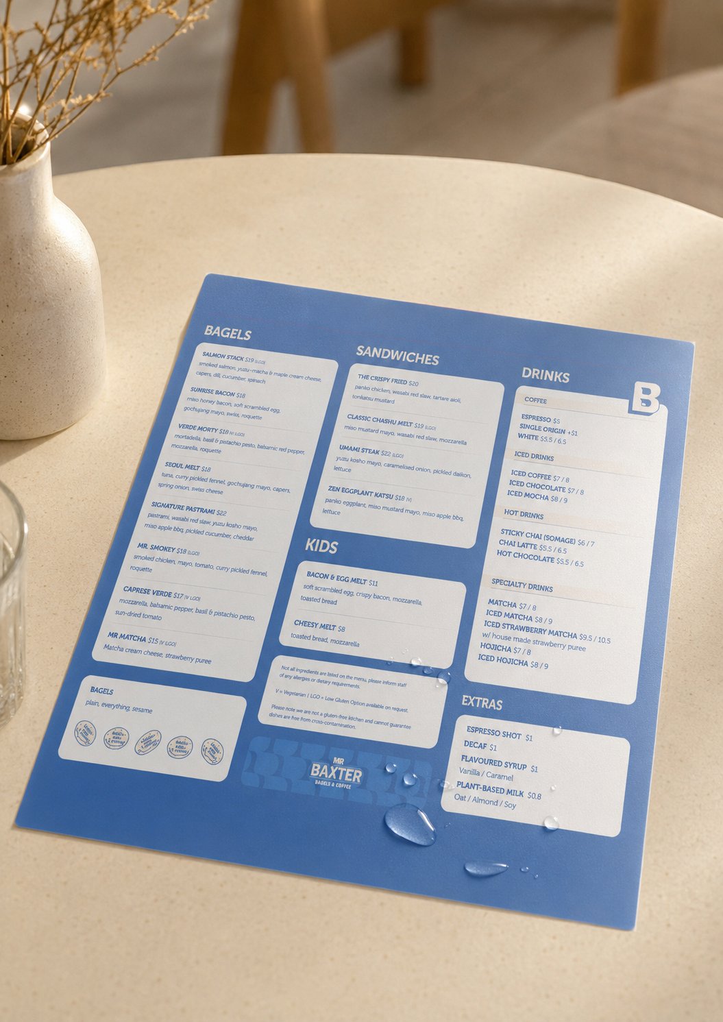 Waterproof printed menus on polypropylene or PVC for cafes and restaurants